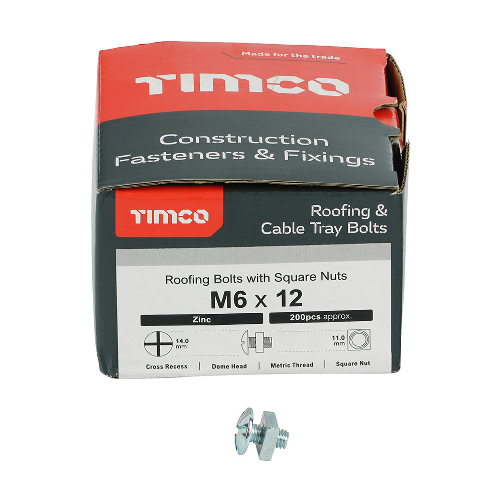 This is an image showing TIMCO Roofing Bolts with Square Nuts - Zinc - M6 x 12 - 200 Pieces Box available from T.H Wiggans Ironmongery in Kendal, quick delivery at discounted prices.