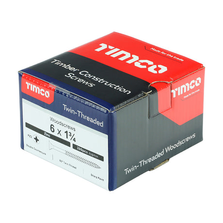 This is an image showing TIMCO Twin-Threaded Woodscrews - PZ - Double Countersunk - Zinc - 6 x 1 3/4 - 200 Pieces Box available from T.H Wiggans Ironmongery in Kendal, quick delivery at discounted prices.