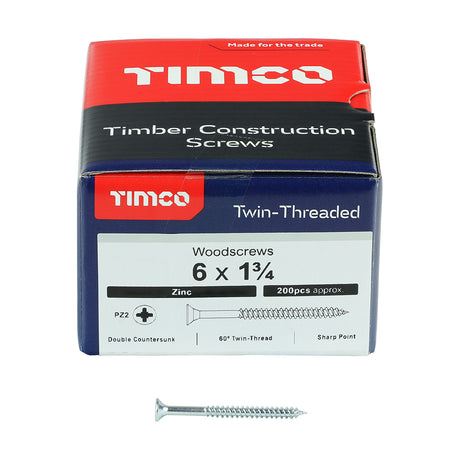 This is an image showing TIMCO Twin-Threaded Woodscrews - PZ - Double Countersunk - Zinc - 6 x 1 3/4 - 200 Pieces Box available from T.H Wiggans Ironmongery in Kendal, quick delivery at discounted prices.