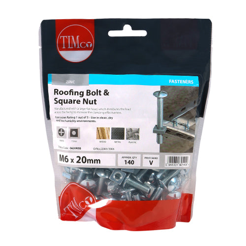 This is an image showing TIMCO Roofing Bolts & Square Nuts - Zinc - M6 x 20 - 140 Pieces TIMbag available from T.H Wiggans Ironmongery in Kendal, quick delivery at discounted prices.