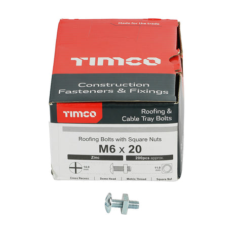 This is an image showing TIMCO Roofing Bolts with Square Nuts - Zinc - M6 x 20 - 200 Pieces Box available from T.H Wiggans Ironmongery in Kendal, quick delivery at discounted prices.