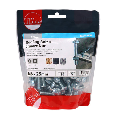 This is an image showing TIMCO Roofing Bolts & Square Nuts - Zinc - M6 x 25 - 130 Pieces TIMbag available from T.H Wiggans Ironmongery in Kendal, quick delivery at discounted prices.