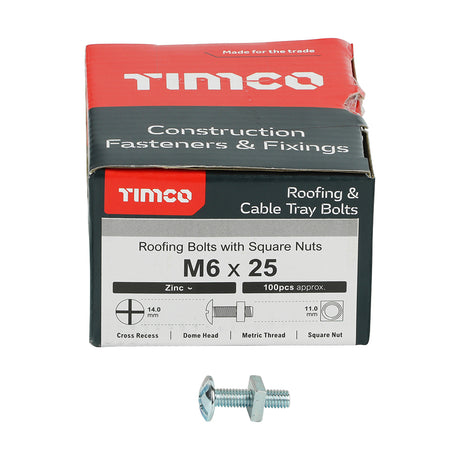 This is an image showing TIMCO Roofing Bolts with Square Nuts - Zinc - M6 x 25 - 100 Pieces Box available from T.H Wiggans Ironmongery in Kendal, quick delivery at discounted prices.