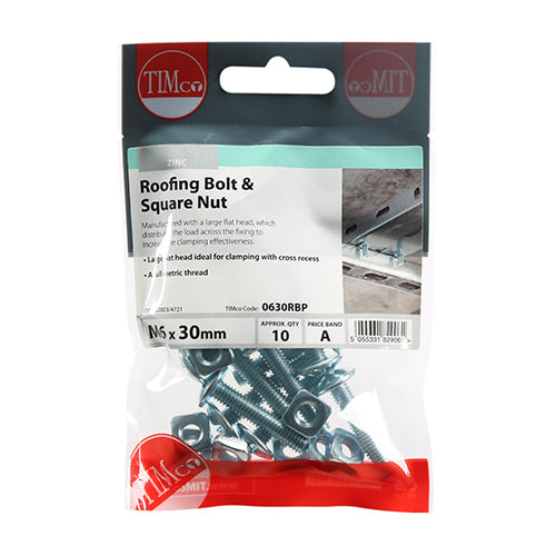 This is an image showing TIMCO Roofing Bolts & Square Nuts - Zinc - M6 x 30 - 10 Pieces TIMpac available from T.H Wiggans Ironmongery in Kendal, quick delivery at discounted prices.