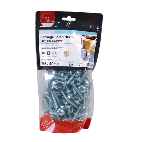 This is an image showing TIMCO Carriage Bolts & Hex Nuts - Zinc - M6 x 40 - 120 Pieces TIMbag available from T.H Wiggans Ironmongery in Kendal, quick delivery at discounted prices.