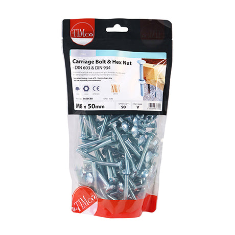 This is an image showing TIMCO Carriage Bolts & Hex Nuts - Zinc - M6 x 50 - 90 Pieces TIMbag available from T.H Wiggans Ironmongery in Kendal, quick delivery at discounted prices.