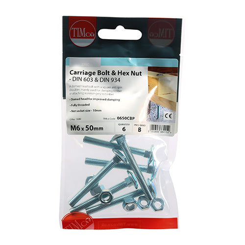 This is an image showing TIMCO Carriage Bolts & Hex Nuts - Zinc - M6 x 50 - 6 Pieces TIMpac available from T.H Wiggans Ironmongery in Kendal, quick delivery at discounted prices.