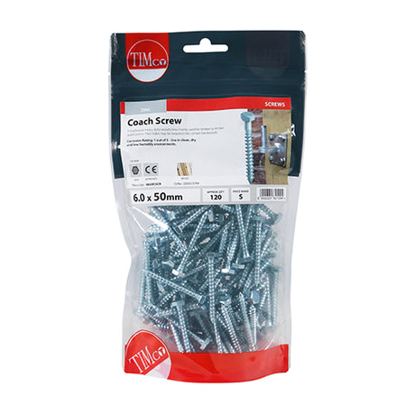 This is an image showing TIMCO Coach Screws - Hex - Zinc - 6.0 x 50 - 120 Pieces TIMbag available from T.H Wiggans Ironmongery in Kendal, quick delivery at discounted prices.