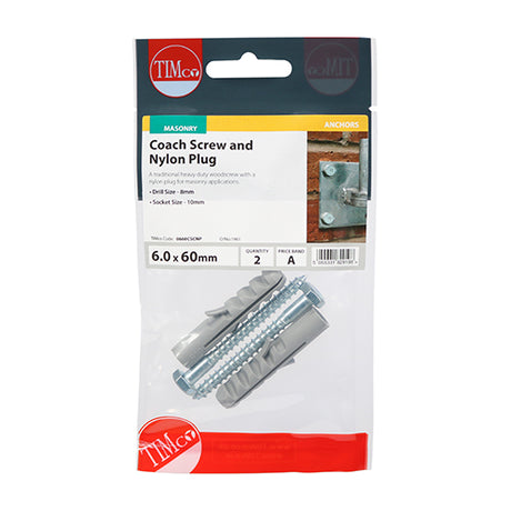 This is an image showing TIMCO Coach Screw & Nylon Plugs - Zinc - 6.0 x 60 - 2 Pieces TIMpac available from T.H Wiggans Ironmongery in Kendal, quick delivery at discounted prices.