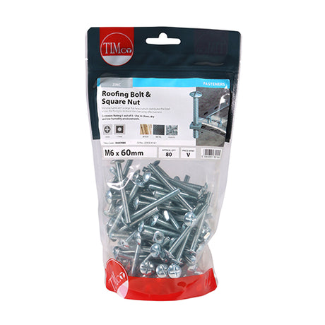 This is an image showing TIMCO Roofing Bolts & Square Nuts - Zinc - M6 x 60 - 80 Pieces TIMbag available from T.H Wiggans Ironmongery in Kendal, quick delivery at discounted prices.