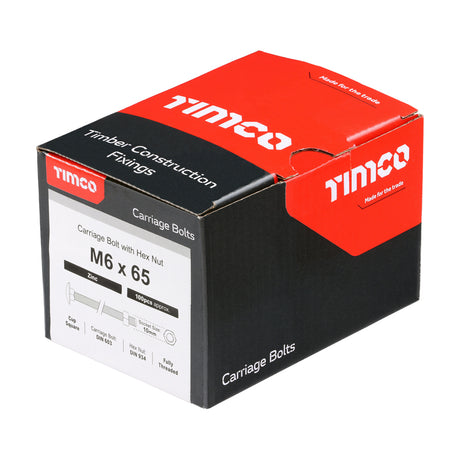 This is an image showing TIMCO Carriage Bolts & Hex Nuts - Zinc - M6 x 65 - 100 Pieces Box available from T.H Wiggans Ironmongery in Kendal, quick delivery at discounted prices.