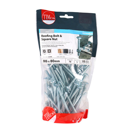 This is an image showing TIMCO Roofing Bolts & Square Nuts - Zinc - M6 x 80 - 70 Pieces TIMbag available from T.H Wiggans Ironmongery in Kendal, quick delivery at discounted prices.