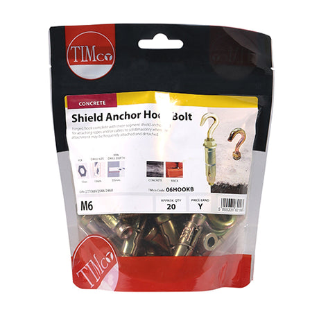 This is an image showing TIMCO Forged Hooks with Shield Anchors - Yellow - M6 - 20 Pieces TIMbag available from T.H Wiggans Ironmongery in Kendal, quick delivery at discounted prices.