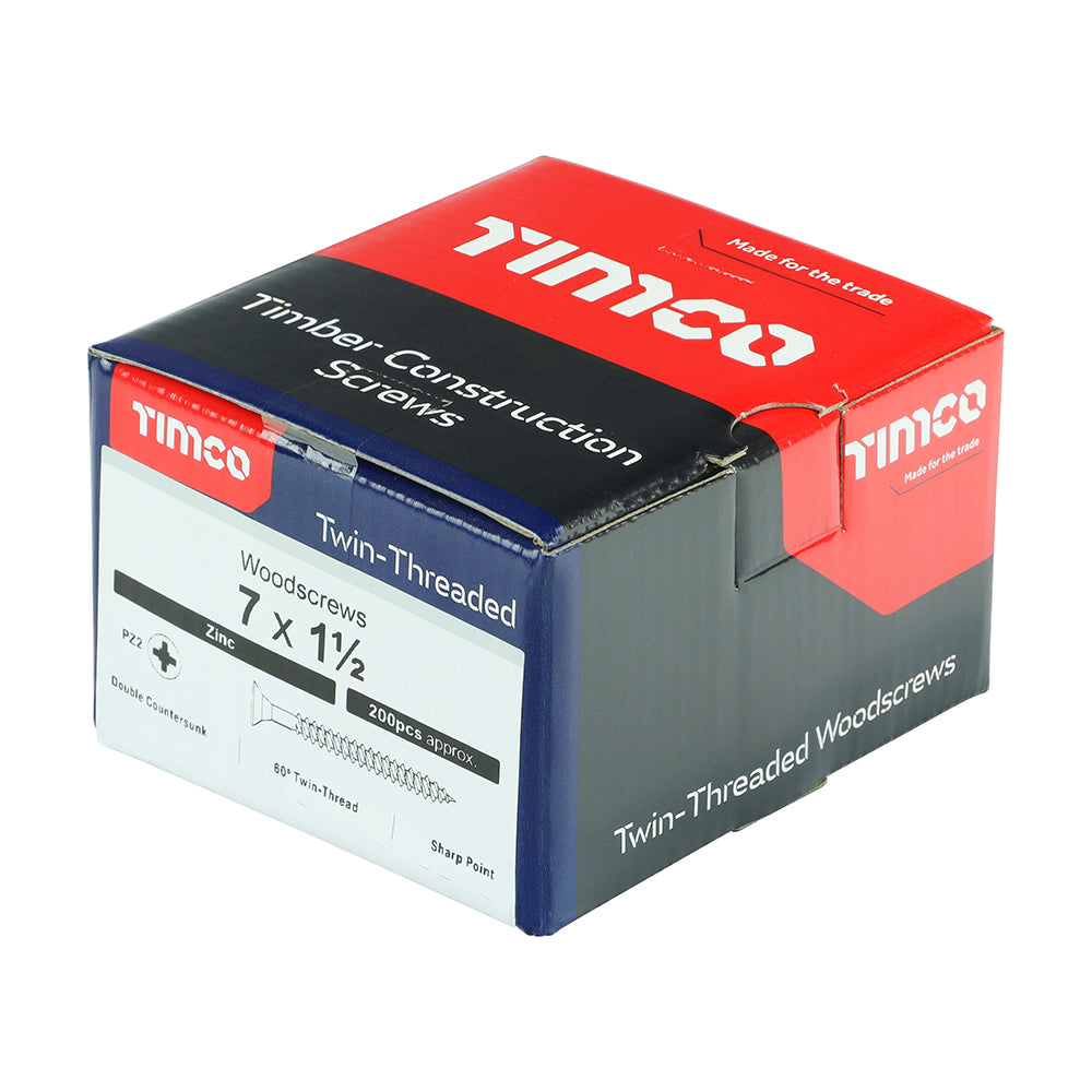 This is an image showing TIMCO Twin-Threaded Woodscrews - PZ - Double Countersunk - Zinc - 7 x 1 1/2 - 200 Pieces Box available from T.H Wiggans Ironmongery in Kendal, quick delivery at discounted prices.