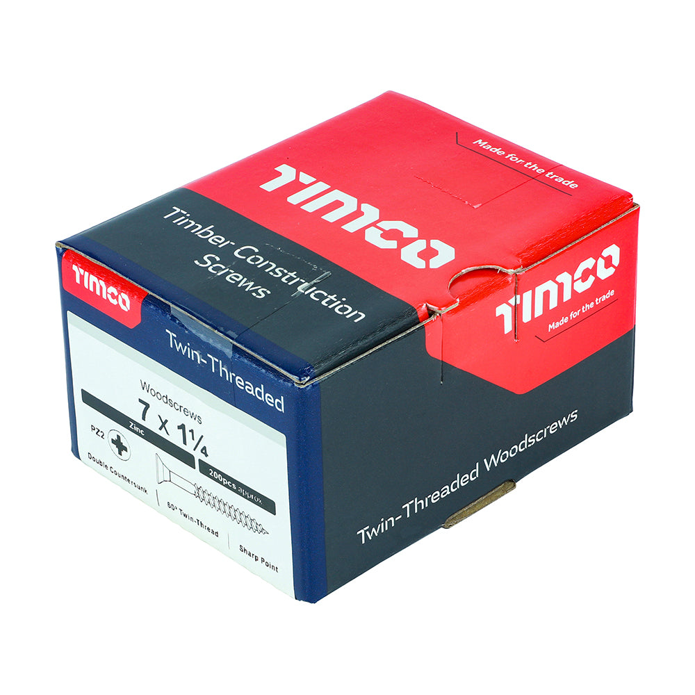 This is an image showing TIMCO Twin-Threaded Woodscrews - PZ - Double Countersunk - Zinc - 7 x 1 1/4 - 200 Pieces Box available from T.H Wiggans Ironmongery in Kendal, quick delivery at discounted prices.