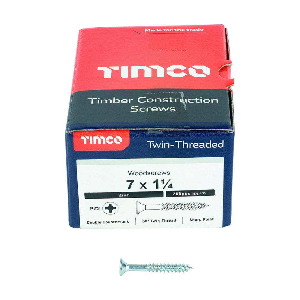 This is an image showing TIMCO Twin-Threaded Woodscrews - PZ - Double Countersunk - Zinc - 7 x 1 1/4 - 200 Pieces Box available from T.H Wiggans Ironmongery in Kendal, quick delivery at discounted prices.