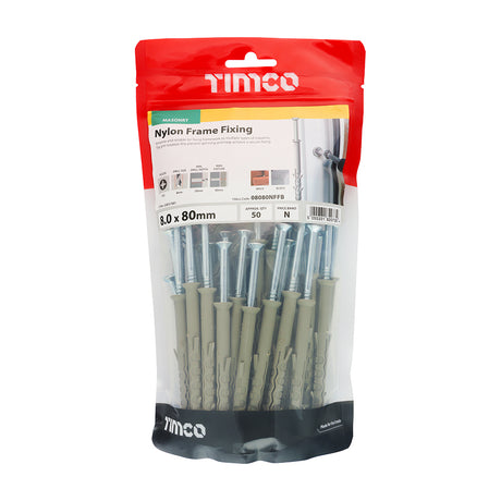 This is an image showing TIMCO Nylon Frame Fixings - PZ - Zinc - 8.0 x 80 - 50 Pieces TIMbag available from T.H Wiggans Ironmongery in Kendal, quick delivery at discounted prices.