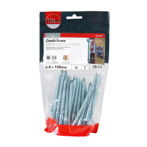 This is an image showing TIMCO Coach Screws - Hex - Zinc - 8.0 x 100 - 40 Pieces TIMbag available from T.H Wiggans Ironmongery in Kendal, quick delivery at discounted prices.