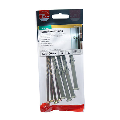 This is an image showing TIMCO Nylon Frame Fixings - PZ - Zinc - 8.0 x 100 - 4 Pieces TIMpac available from T.H Wiggans Ironmongery in Kendal, quick delivery at discounted prices.
