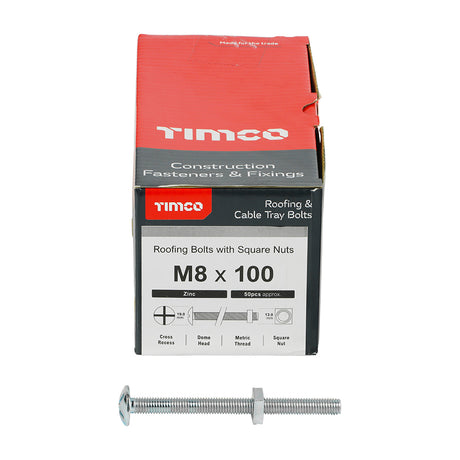 This is an image showing TIMCO Roofing Bolts with Square Nuts - Zinc - M8 x 100 - 50 Pieces Box available from T.H Wiggans Ironmongery in Kendal, quick delivery at discounted prices.