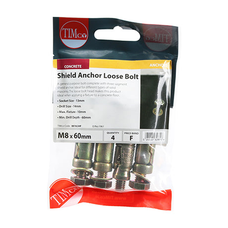 This is an image showing TIMCO Shield Anchor Loose Bolts - Yellow - M8:10L (M8 x 60) - 4 Pieces TIMpac available from T.H Wiggans Ironmongery in Kendal, quick delivery at discounted prices.