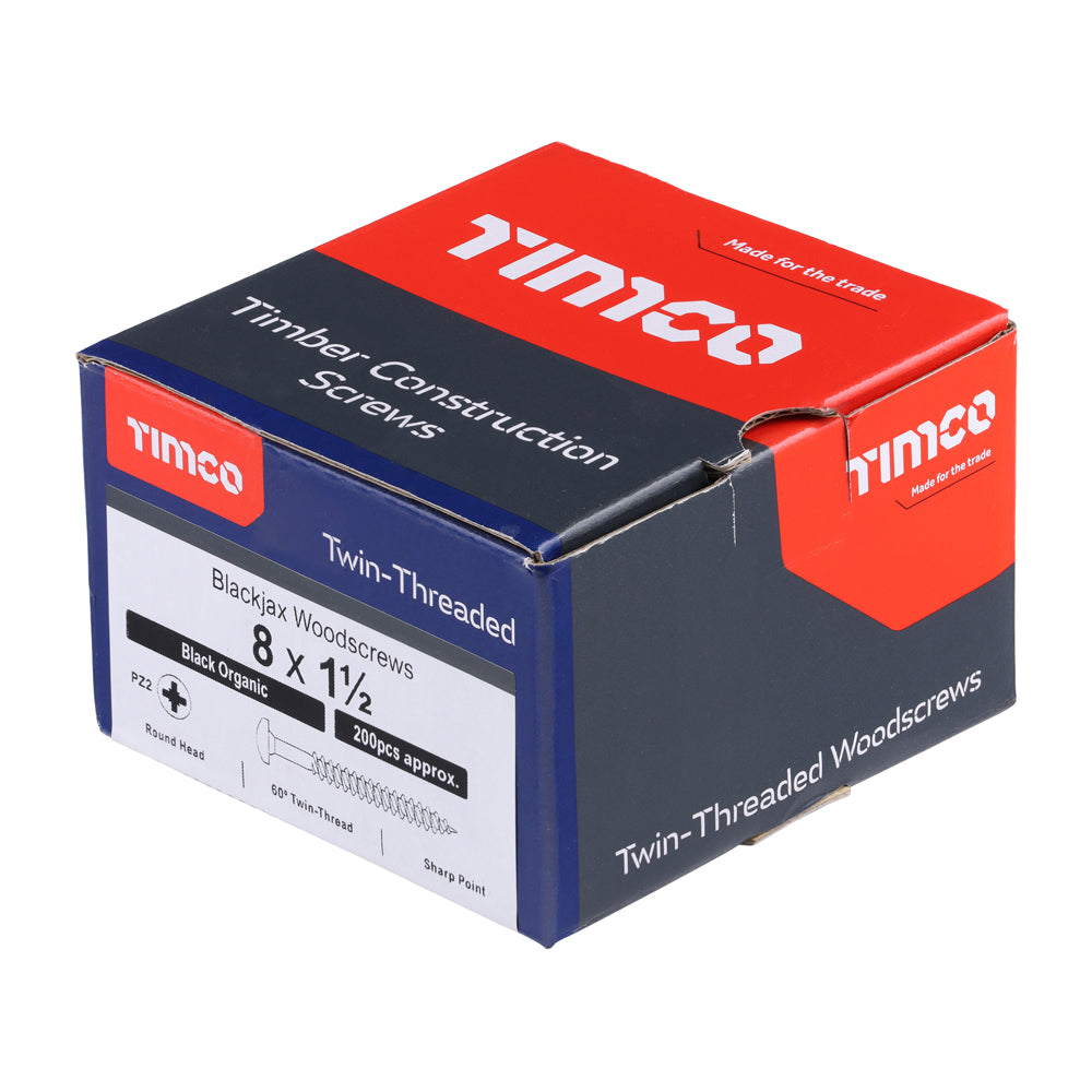 This is an image showing TIMCO Blackjax Woodscrews - PZ - Round - Black Organic - 8 x 1 1/2 - 200 Pieces Box available from T.H Wiggans Ironmongery in Kendal, quick delivery at discounted prices.