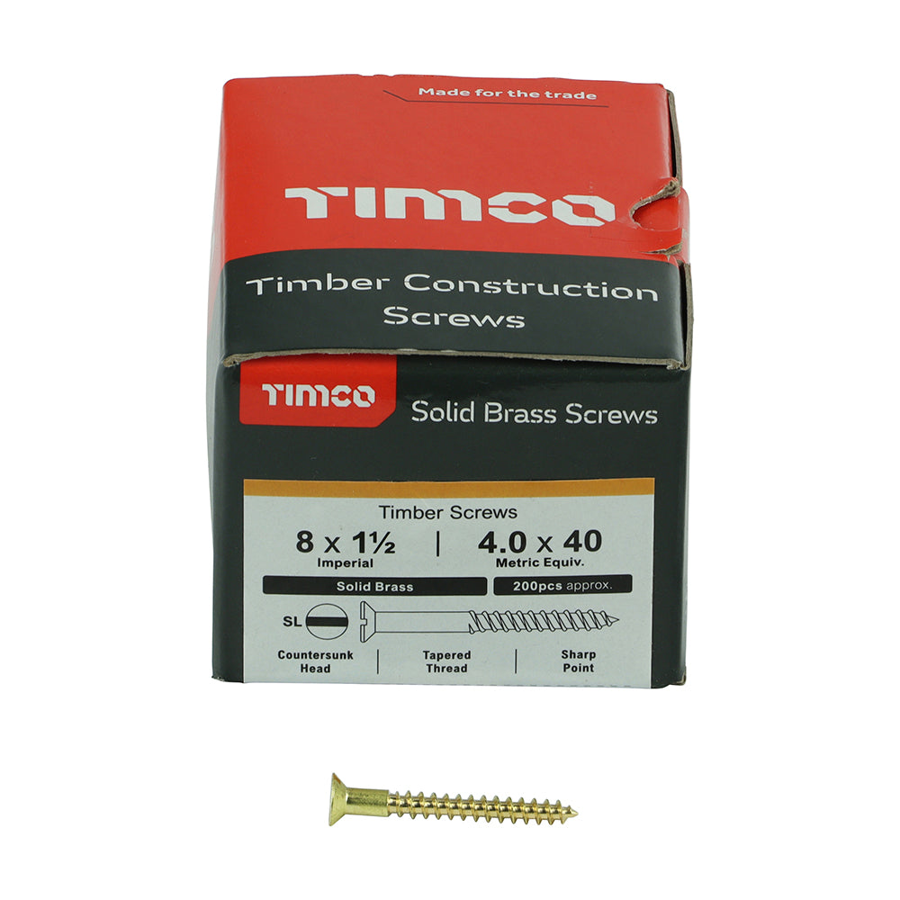 This is an image showing TIMCO Solid Brass Timber Screws - SLOT - Countersunk - 8 x 1 1/2 - 200 Pieces Box available from T.H Wiggans Ironmongery in Kendal, quick delivery at discounted prices.