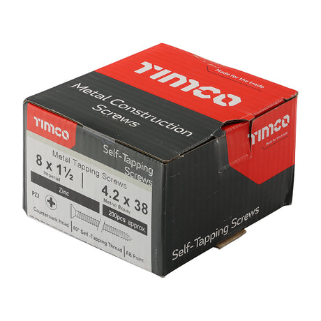 This is an image showing TIMCO Self-Tapping Screws - PZ - Countersunk - Zinc - 8 x 1 1/2 - 200 Pieces Box available from T.H Wiggans Ironmongery in Kendal, quick delivery at discounted prices.
