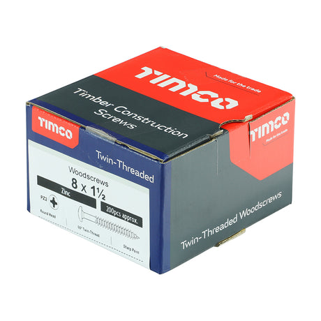 This is an image showing TIMCO Twin-Threaded Woodscrews - PZ - Round - Zinc - 8 x 1 1/2 - 200 Pieces Box available from T.H Wiggans Ironmongery in Kendal, quick delivery at discounted prices.