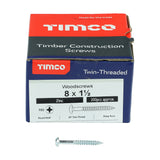 This is an image showing TIMCO Twin-Threaded Woodscrews - PZ - Round - Zinc - 8 x 1 1/2 - 200 Pieces Box available from T.H Wiggans Ironmongery in Kendal, quick delivery at discounted prices.