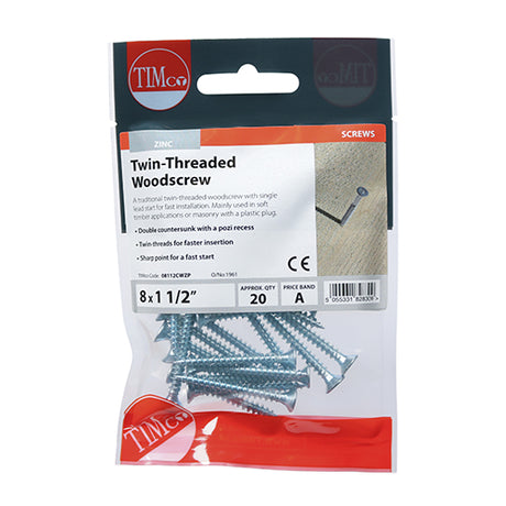 This is an image showing TIMCO Twin-Thread Woodscrews - PZ - Double Countersunk - Zinc - 8 x 1 1/2 - 20 Pieces TIMpac available from T.H Wiggans Ironmongery in Kendal, quick delivery at discounted prices.