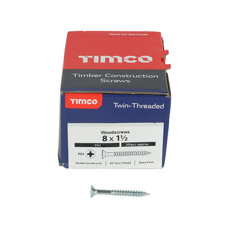 This is an image showing TIMCO Twin-Threaded Woodscrews - PZ - Double Countersunk - Zinc - 8 x 1 1/2 - 200 Pieces Box available from T.H Wiggans Ironmongery in Kendal, quick delivery at discounted prices.