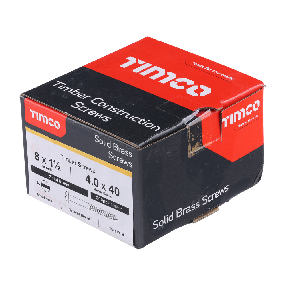 This is an image showing TIMCO Solid Brass Timber Screws - SLOT - Round - 8 x 1 1/2 - 200 Pieces Box available from T.H Wiggans Ironmongery in Kendal, quick delivery at discounted prices.