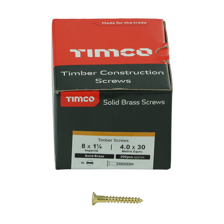 This is an image showing TIMCO Solid Brass Timber Screws - SLOT - Countersunk - 8 x 1 1/4 - 200 Pieces Box available from T.H Wiggans Ironmongery in Kendal, quick delivery at discounted prices.