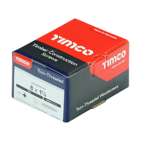 This is an image showing TIMCO Twin-Threaded Woodscrews - PZ - Double Countersunk - Zinc - 8 x 1 1/4 - 200 Pieces Box available from T.H Wiggans Ironmongery in Kendal, quick delivery at discounted prices.