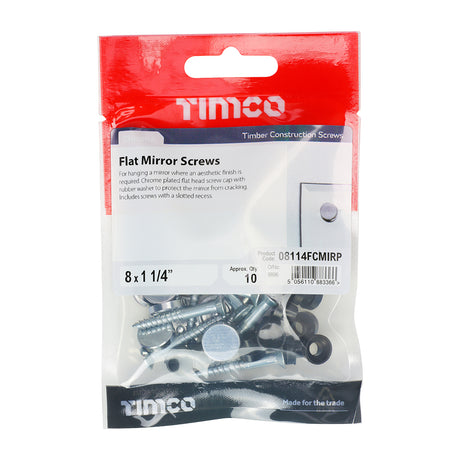 This is an image showing TIMCO Mirror Screws - Zinc - Chrome Flat - 8 x 1 1/4 - 10 Pieces TIMpac available from T.H Wiggans Ironmongery in Kendal, quick delivery at discounted prices.