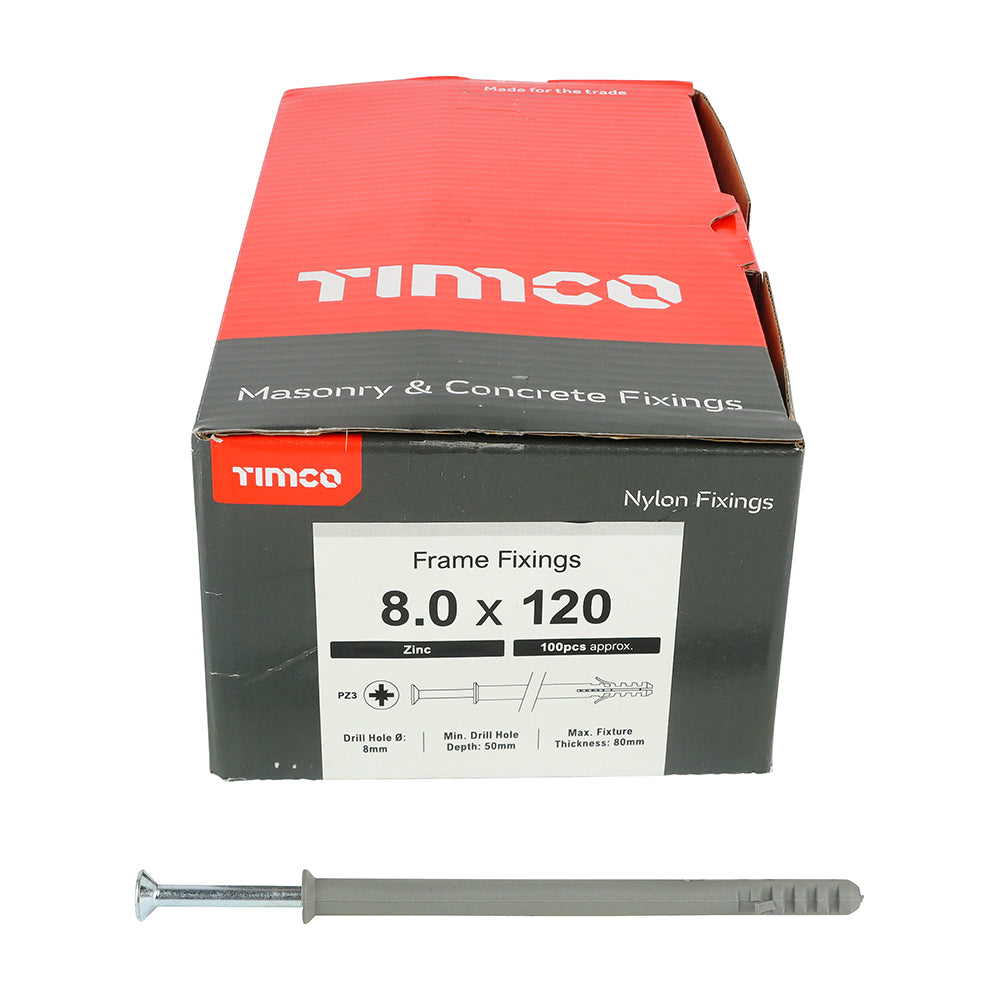 This is an image showing TIMCO Nylon Frame Fixing - PZ - Zinc - 8.0 x 120 - 100 Pieces Box available from T.H Wiggans Ironmongery in Kendal, quick delivery at discounted prices.