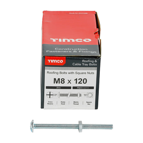 This is an image showing TIMCO Roofing Bolts with Square Nuts - Zinc - M8 x 120 - 50 Pieces Box available from T.H Wiggans Ironmongery in Kendal, quick delivery at discounted prices.