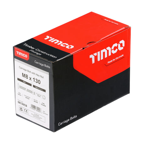 This is an image showing TIMCO Carriage Bolts & Hex Nuts - Zinc - M8 x 130 - 50 Pieces Box available from T.H Wiggans Ironmongery in Kendal, quick delivery at discounted prices.