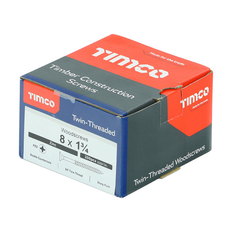 This is an image showing TIMCO Twin-Threaded Woodscrews - PZ - Double Countersunk - Zinc - 8 x 1 3/4 - 200 Pieces Box available from T.H Wiggans Ironmongery in Kendal, quick delivery at discounted prices.