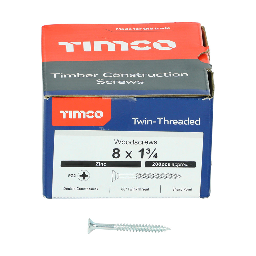 This is an image showing TIMCO Twin-Threaded Woodscrews - PZ - Double Countersunk - Zinc - 8 x 1 3/4 - 200 Pieces Box available from T.H Wiggans Ironmongery in Kendal, quick delivery at discounted prices.