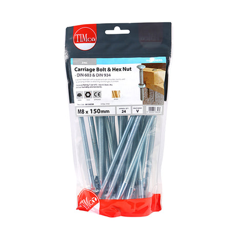 This is an image showing TIMCO Carriage Bolts & Hex Nuts - Zinc - M8 x 150 - 24 Pieces TIMbag available from T.H Wiggans Ironmongery in Kendal, quick delivery at discounted prices.