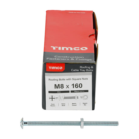 This is an image showing TIMCO Roofing Bolts with Square Nuts - Zinc - M8 x 160 - 50 Pieces Box available from T.H Wiggans Ironmongery in Kendal, quick delivery at discounted prices.