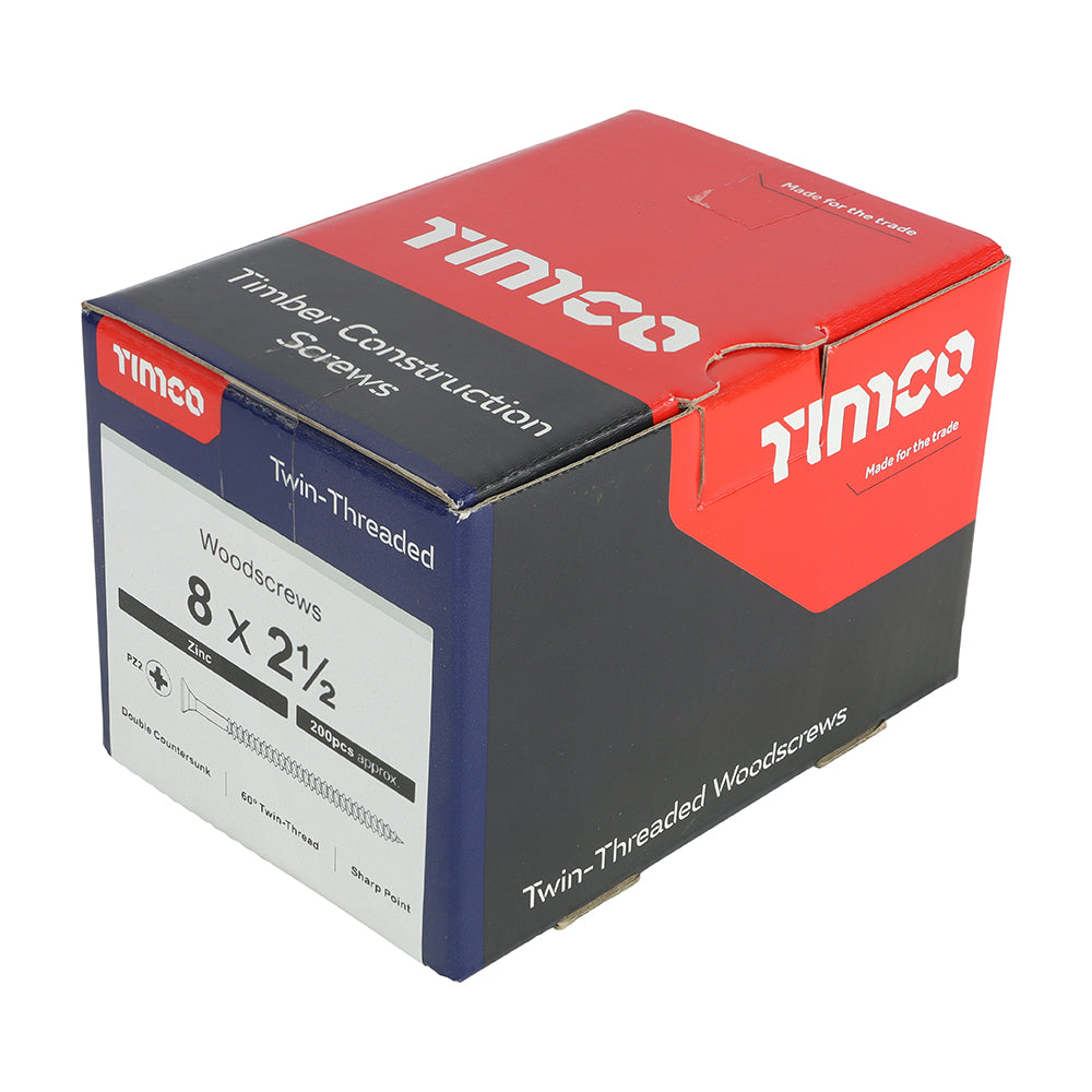 This is an image showing TIMCO Twin-Threaded Woodscrews - PZ - Double Countersunk - Zinc - 8 x 2 1/2 - 200 Pieces Box available from T.H Wiggans Ironmongery in Kendal, quick delivery at discounted prices.