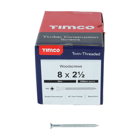 This is an image showing TIMCO Twin-Threaded Woodscrews - PZ - Double Countersunk - Zinc - 8 x 2 1/2 - 200 Pieces Box available from T.H Wiggans Ironmongery in Kendal, quick delivery at discounted prices.