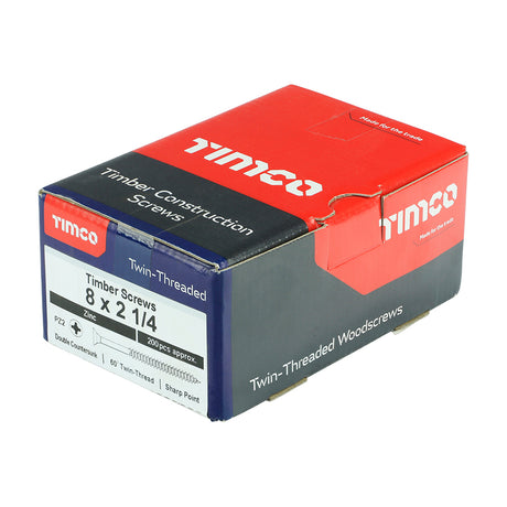 This is an image showing TIMCO Twin-Threaded Woodscrews - PZ - Double Countersunk - Zinc - 8 x 2 1/4 - 200 Pieces Box available from T.H Wiggans Ironmongery in Kendal, quick delivery at discounted prices.