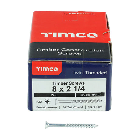 This is an image showing TIMCO Twin-Threaded Woodscrews - PZ - Double Countersunk - Zinc - 8 x 2 1/4 - 200 Pieces Box available from T.H Wiggans Ironmongery in Kendal, quick delivery at discounted prices.