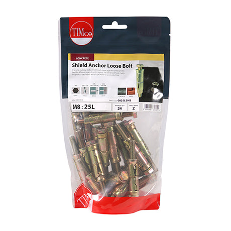 This is an image showing TIMCO Shield Anchor Loose Bolts - Yellow - M8:25L (M8 x 75) - 24 Pieces TIMbag available from T.H Wiggans Ironmongery in Kendal, quick delivery at discounted prices.