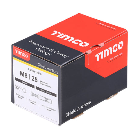 This is an image showing TIMCO Shield Anchor - Loose Bolts - Yellow - M8:25L (M8 x 75) - 50 Pieces Box available from T.H Wiggans Ironmongery in Kendal, quick delivery at discounted prices.