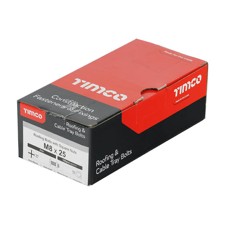 This is an image showing TIMCO Roofing Bolts with Square Nuts - Zinc - M8 x 25 - 100 Pieces Box available from T.H Wiggans Ironmongery in Kendal, quick delivery at discounted prices.